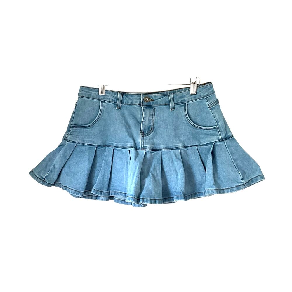 Light Blue Pleated Denim Mini Skort: Y2K, 2000s